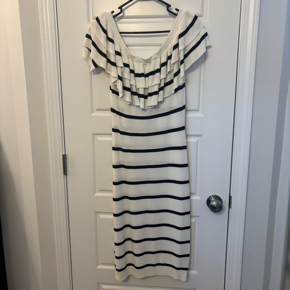 Line + Dot Black White Striped Off The Shoulder Ruffle Knit Midi Dress Medium - Picture 8 of 11
